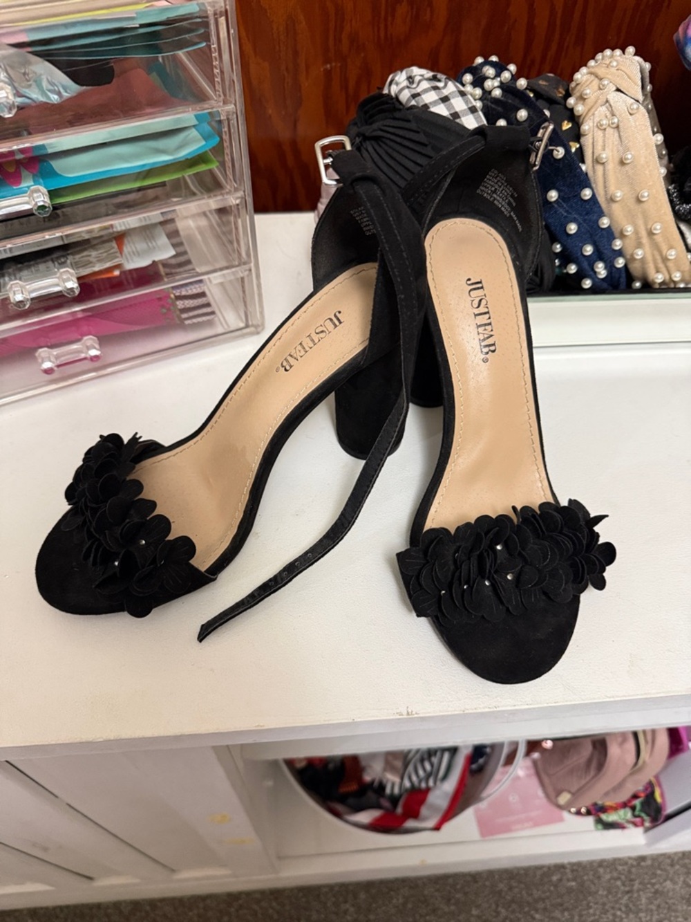 JustFab Black Floral Suede Open-Toe Ankle Strap Heels